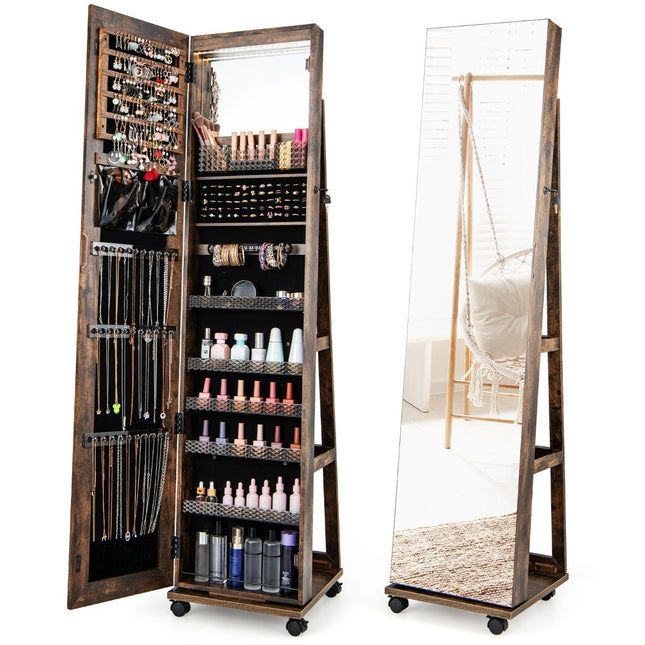 Lockable jewelry cabinet with integrated make-up mirror, adjustable shelves and coffee storage space