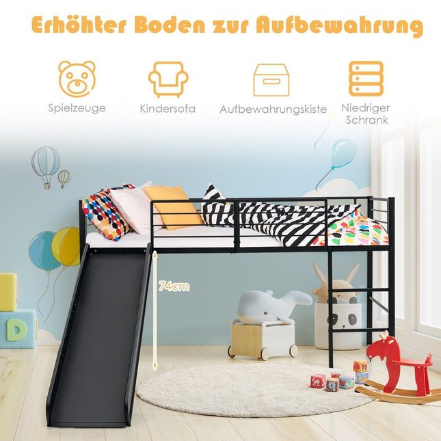 Loft Bed with Slide and Ladder for Kids, Black Steel Frame