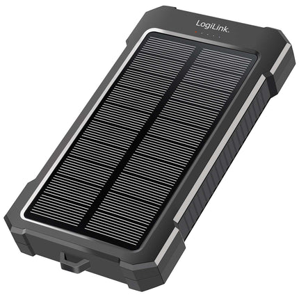 LogiLink Solar Power Bank 10,000 mAh with 20W PD, IP64, LED Flashlight, Black