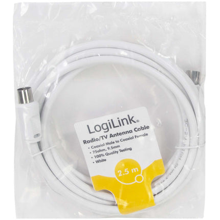LogiLink TV Antenna Cable 2.5 m, IEC Male to Female, White, Double Shielded