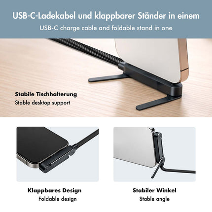 LogiLink USB-C Cable with Built-In Phone Stand, 240W PD, 1.5 m, Black, Braided
