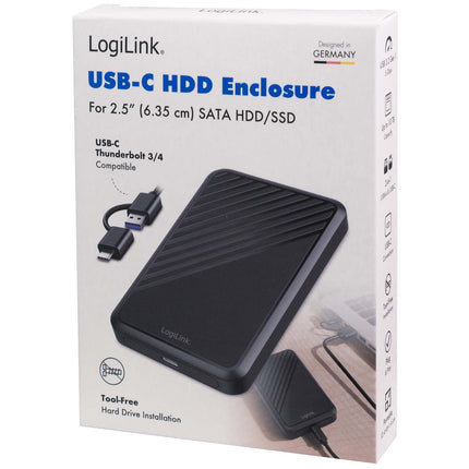 LogiLink USB-C Enclosure for 2.5" SATA HDD/SSD Up To 10 TB, 5 Gbps, Black