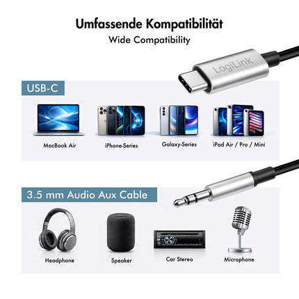LogiLink USB-C to 3.5 mm Jack Audio Cable with DAC, 1 m, Black, Stereo