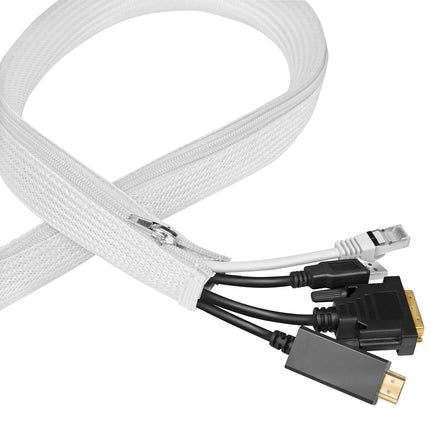 LogiLink Wide Braided Zip Cable Sleeve 50 mm x 2 m, White, 360° Protection