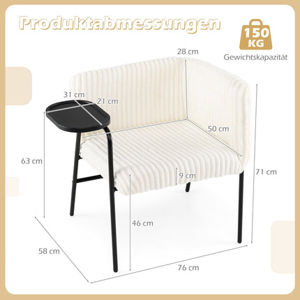Lounge Chair with Tray, Beige Corduroy, Metal Frame