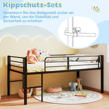 Low Loft Metal Bed Frame with Safety Rails & 2 Ladders