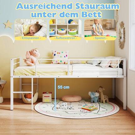 Low Loft Metal Bed Frame with Safety Rails & 2 Ladders