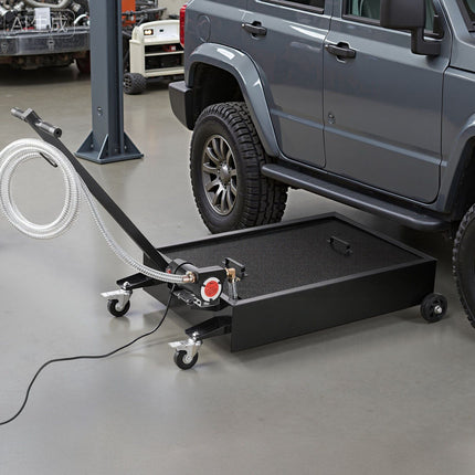 Low Profile Oil Drain Pan, 15 Gallon, Rolling 12V Pump