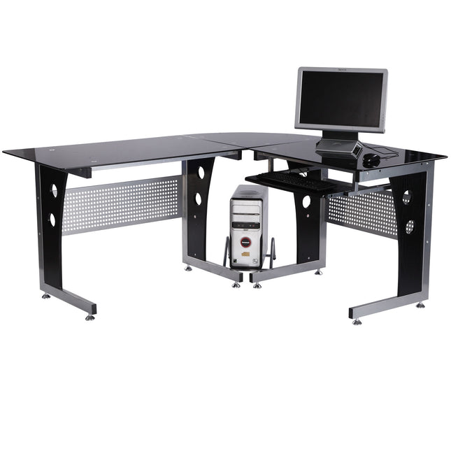 L-shaped desk, black glass, 164x139x75 cm, ready for home office
