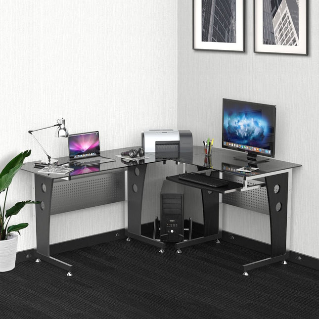 L-shaped desk, black glass, 164x139x75 cm, ready for home office