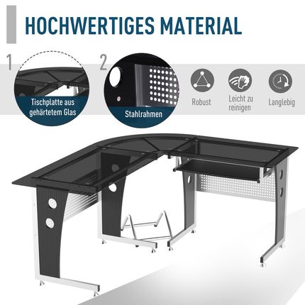 L-shaped desk, black glass, 164x139x75 cm, ready for home office