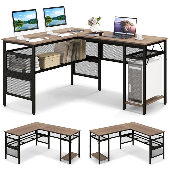 L-shaped desk with charging station reversible corner desk with mesh shelves & CPU stand