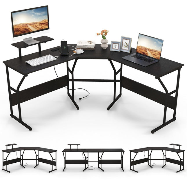 L-shaped desk with power outlet &amp; Movable monitor stand corner computer desk black