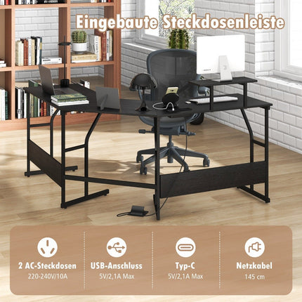 L-shaped desk with power outlet &amp; Movable monitor stand corner computer desk black
