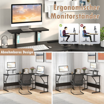L-shaped desk with power outlet &amp; Movable monitor stand corner computer desk black