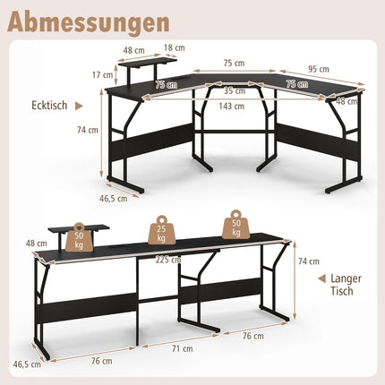 L-shaped desk with power outlet &amp; Movable monitor stand corner computer desk black