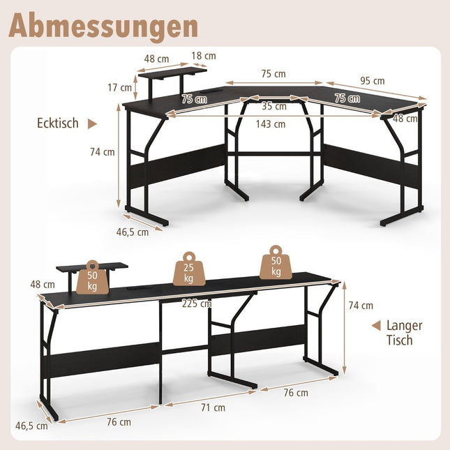 L-shaped desk with power outlet &amp; Movable monitor stand corner computer desk black