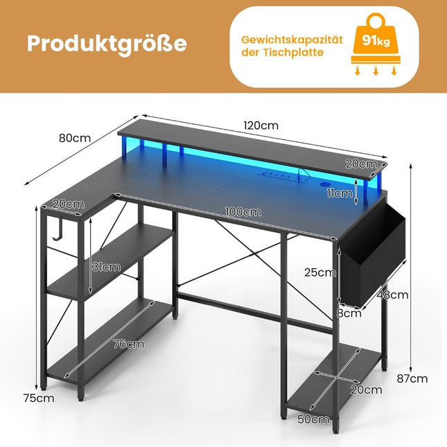 L-shaped desk with power outlets &amp; LED lighting gaming computer desk black