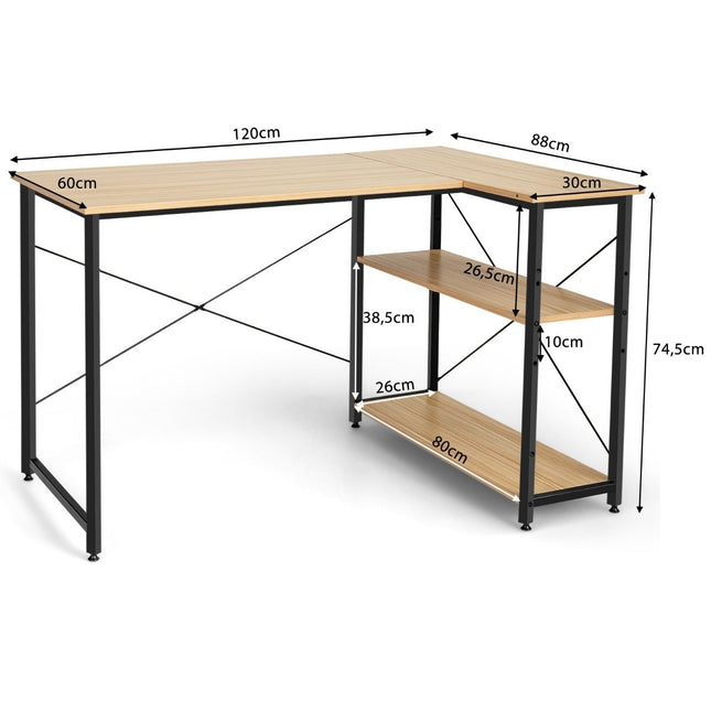 L-shape desk corner computer table with storage compartments office table 120 x 88 x 74.5 cm natural