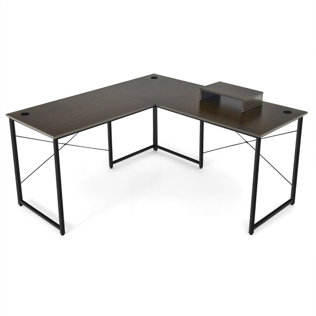 L-shape desk with monitor stand & 3 cable holes reversible corner desk brown