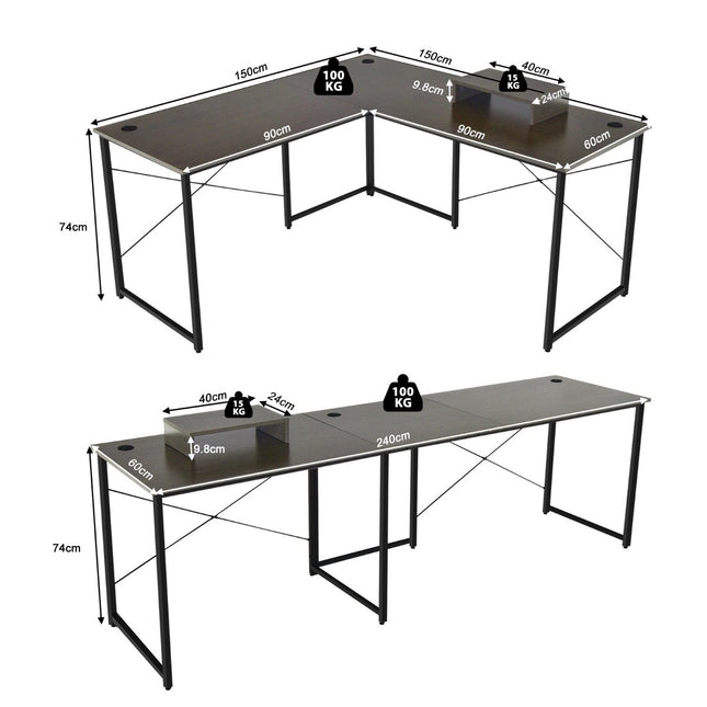 L-shape desk with monitor stand & 3 cable holes reversible corner desk brown