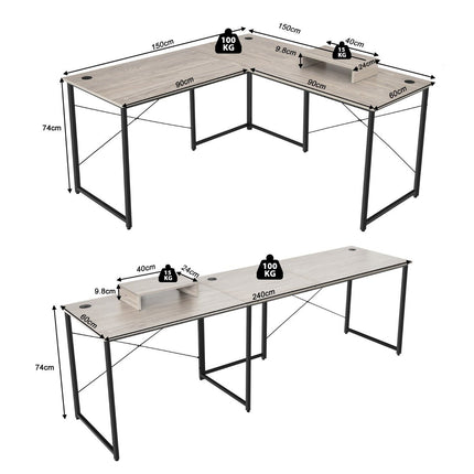 L-shape desk with monitor stand & 3 cable holes reversible corner desk light gray