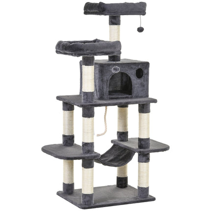 Luxurious cat tree with hammock and house, dark grey, 144cm
