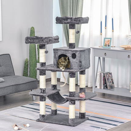 Luxurious cat tree with hammock and house, dark grey, 144cm