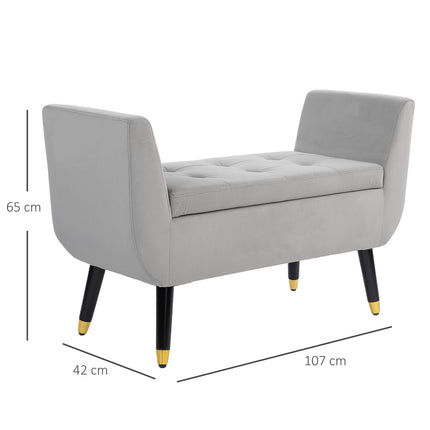 Luxuriously upholstered storage bench, armrests, light grey