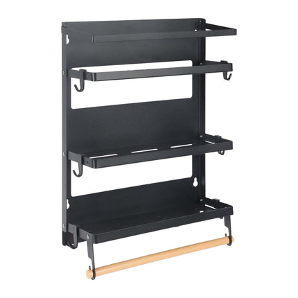 Magnetic Black Iron Spice Rack with Roll Holder and Hooks