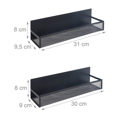 Magnetic Black Metal Spice Rack Set, 4 Shelves with Hooks
