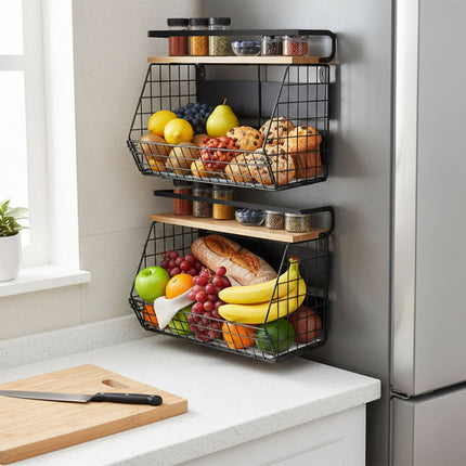 Magnetic Wall Fruit Basket Set with Hooks, 2 Pieces