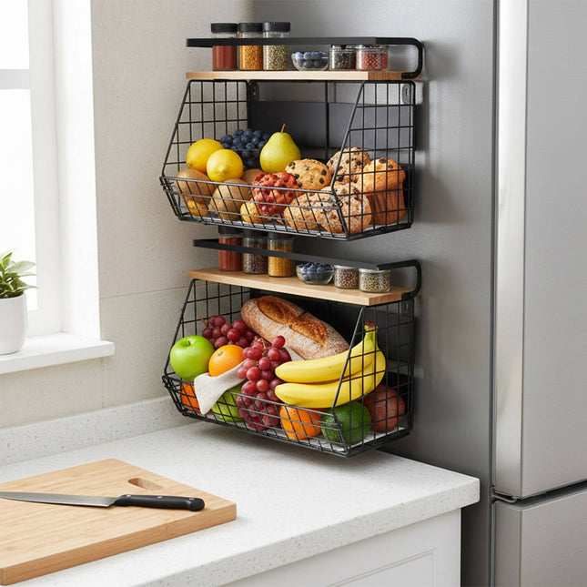 Magnetic Wall Fruit Basket Set with Hooks, 2 Pieces