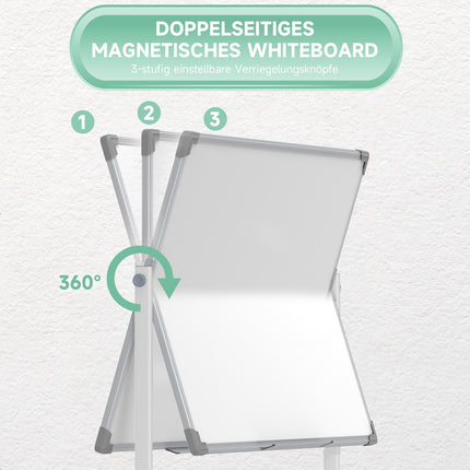 Double-sided whiteboard 120x90 cm with stand & wheels