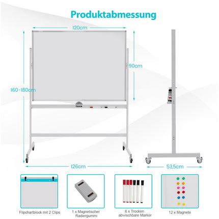 Magnetic double-sided whiteboard with wheels for the classroom in the office and at home
