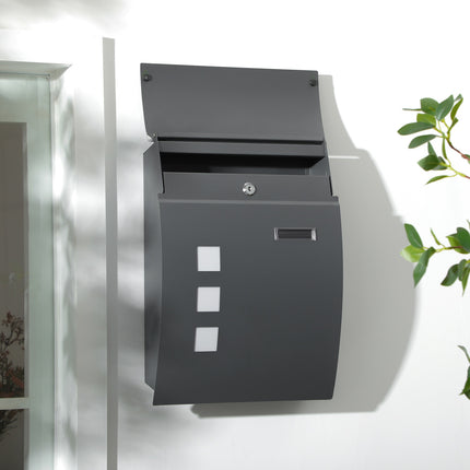 Locking wall mailbox with lid, viewing window - dark grey