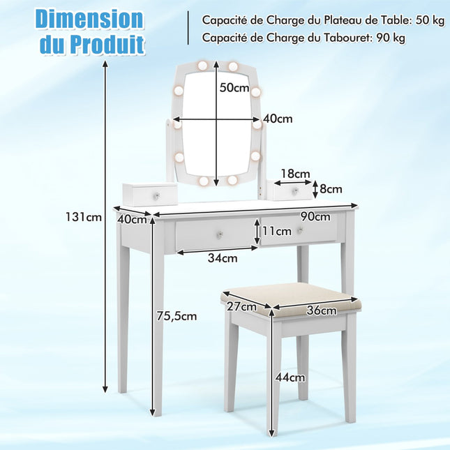 Makeup Vanity Set, 3-Color LED Mirror, Stool, 4 Drawers