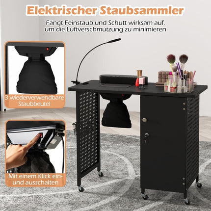 Manicure Table with Wheels, Lockable Storage & Fan