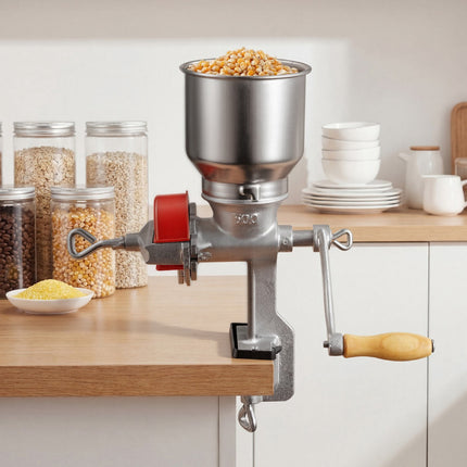 Manual Grain Mill, Cast Iron Hand Crank, Clamp, Dust Cover