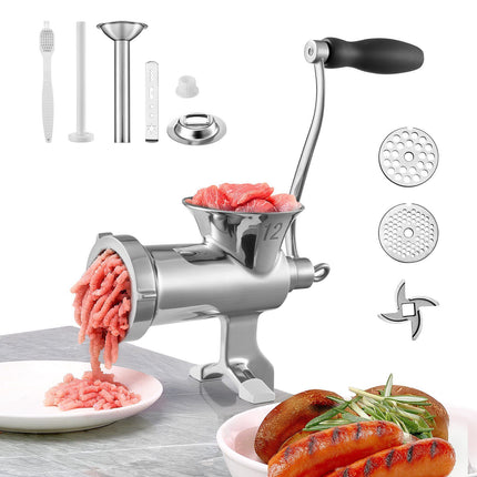 Manual Meat Grinder, 304 Stainless Steel, Clamp, 2 Plates