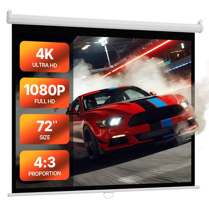 Manual Projector Screen 72 In, 4:3 Pull-Down Wall Mount