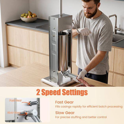 Manual Sausage Stuffer, 15 lbs Capacity, 4 Tubes, 2 Speeds