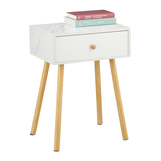Marble Effect Bedside Table with Drawer Storage