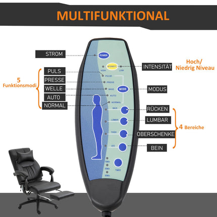 Black swivel massage chair - 7 points, adjustable footrest