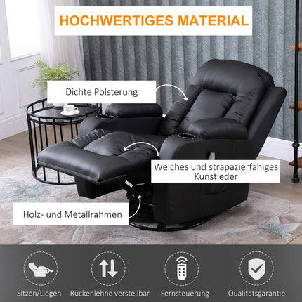 Reclining massage chair with heating, remote control & cup holder - Black