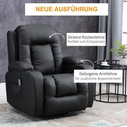 Reclining massage chair with heating, remote control & cup holder - Black