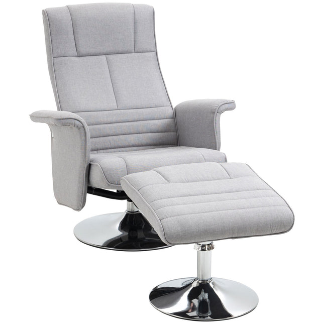 Reclining massage chair with footstool, light gray linen