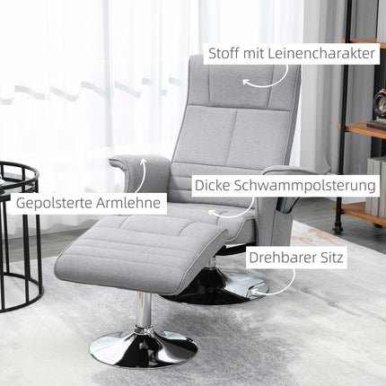Reclining massage chair with footstool, light gray linen