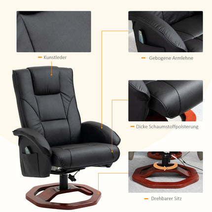 Reclining massage chair in synthetic leather with footstool, 360° rotatable