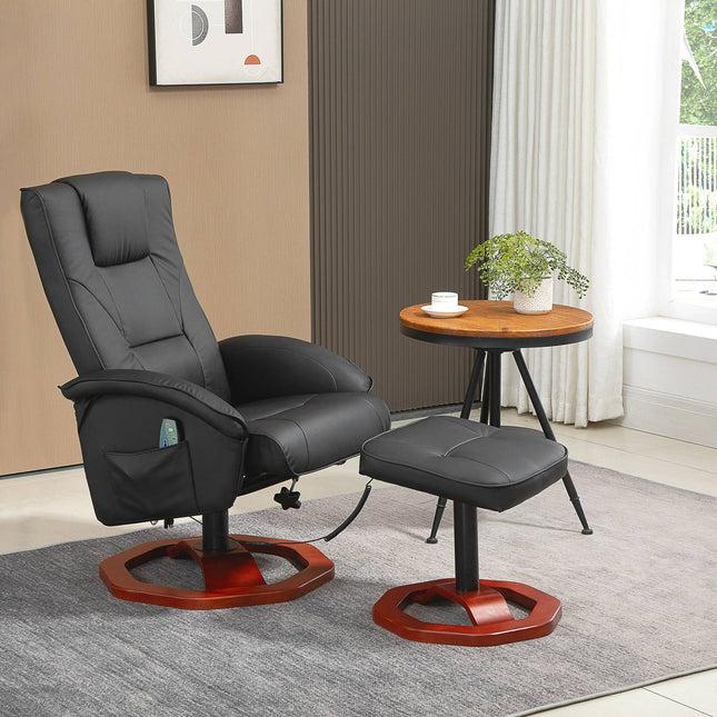 Reclining massage chair in synthetic leather with footstool, 360° rotatable